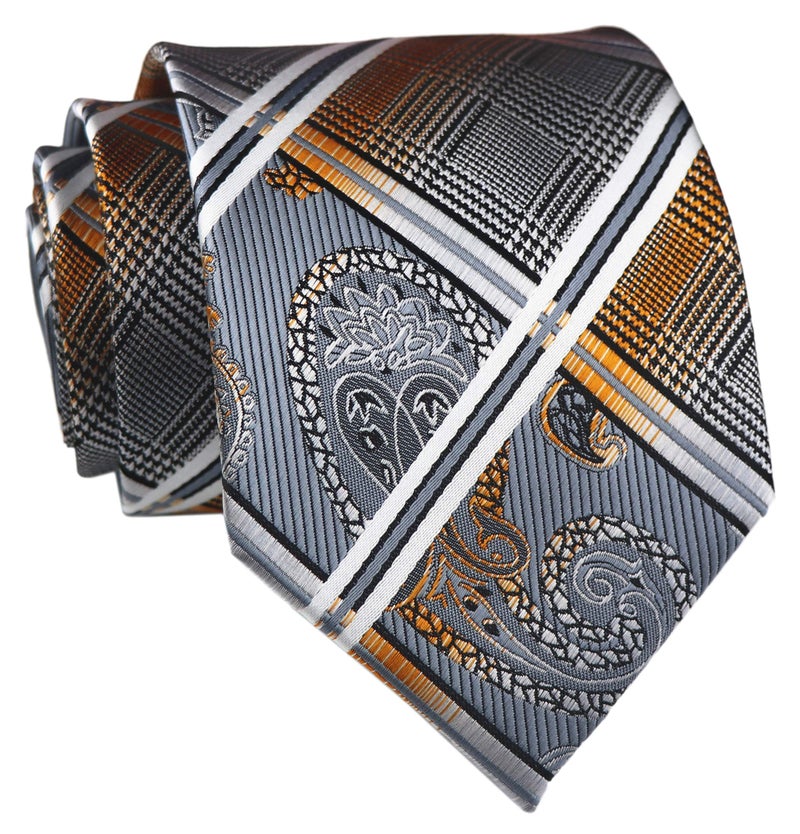 Elfeves Men's Grey Gold Orange Ties Silk Luxury Unique Designer Cool Self Dress Neckties - Image 2